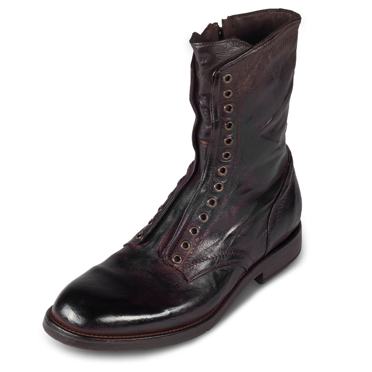 LEMARGO Herren Stiefel in dunkelbraun / ebano aus Kalbsleder im stone-washed-Verfahren. Mit Reißverschluß und Schnürsenkel-Ösen. Handgefertigt und Durchgenäht. Schräge Ansicht linker Schuh