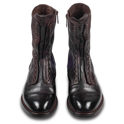 LEMARGO Herren Stiefel in dunkelbraun / ebano aus Kalbsleder im stone-washed-Verfahren. Mit Reißverschluß und Schnürsenkel-Ösen. Handgefertigt und Durchgenäht. Paarweise Ansicht von vorne.