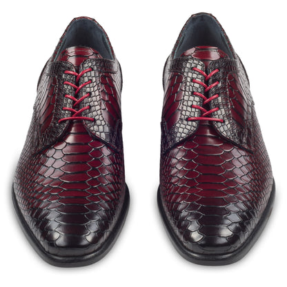 Lorenzi Extravaganter Herren Derby Schnürschuh aus rot/schwarzem Kalbsleder in Kroko-Optik. Handgefertigt und Durchgenäht. Paarweise Ansicht von vorne.  