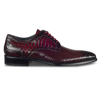 Lorenzi Extravaganter Herren Derby Schnürschuh aus rot/schwarzem Kalbsleder in Kroko-Optik. Handgefertigt und Durchgenäht. Ansicht der Außenseite rechter Schuh. 