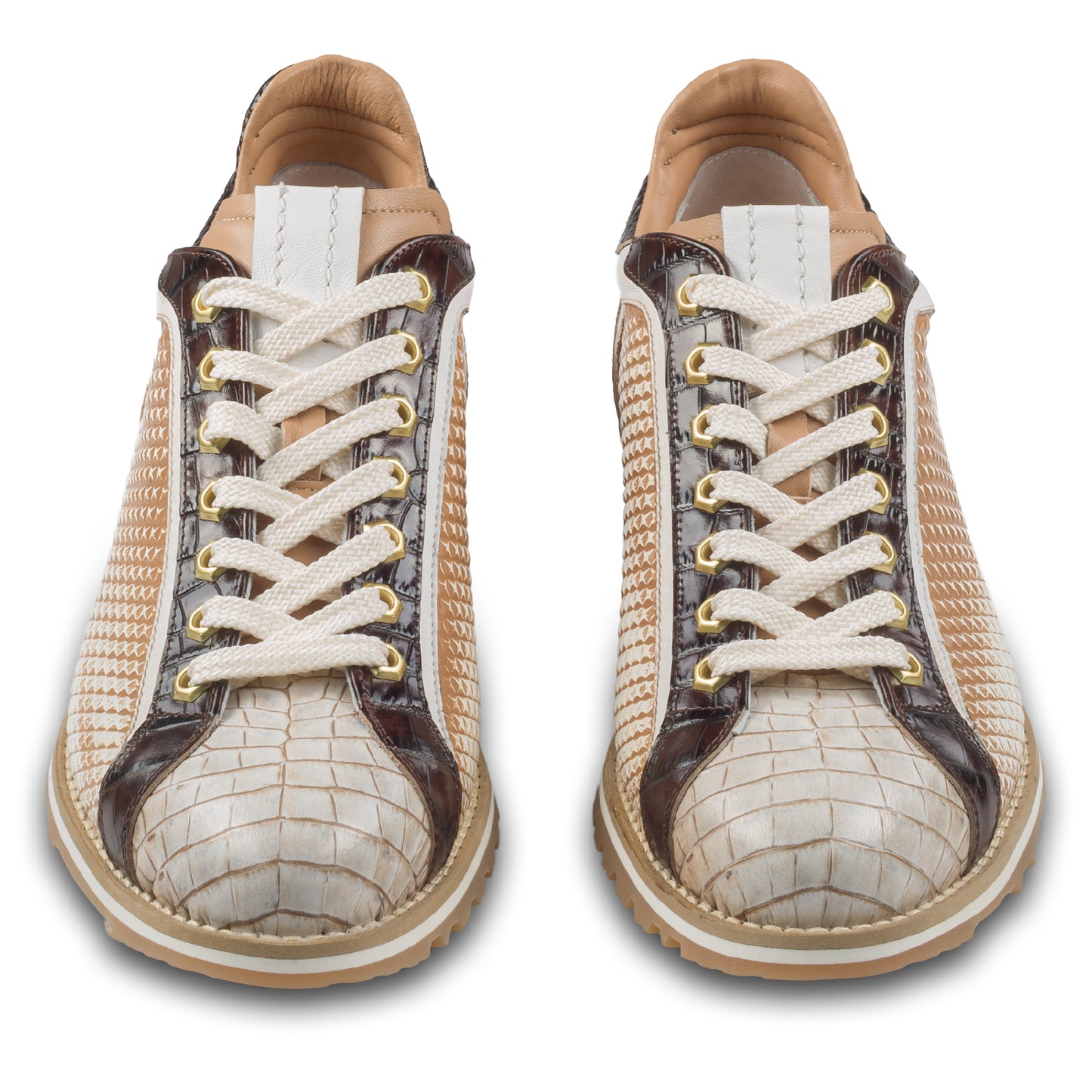 LORENZI Sneaker Herren beige/braun Kalbsleder - Prägung & Schlangen-Optik, handgefertigt. Ansicht paarweise von vorne