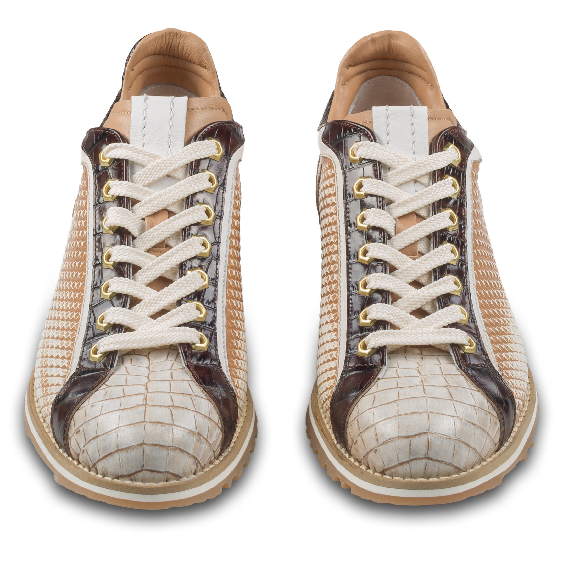 LORENZI Sneaker Herren beige/braun Kalbsleder - Prägung & Schlangen-Optik, handgefertigt. Ansicht paarweise von vorne