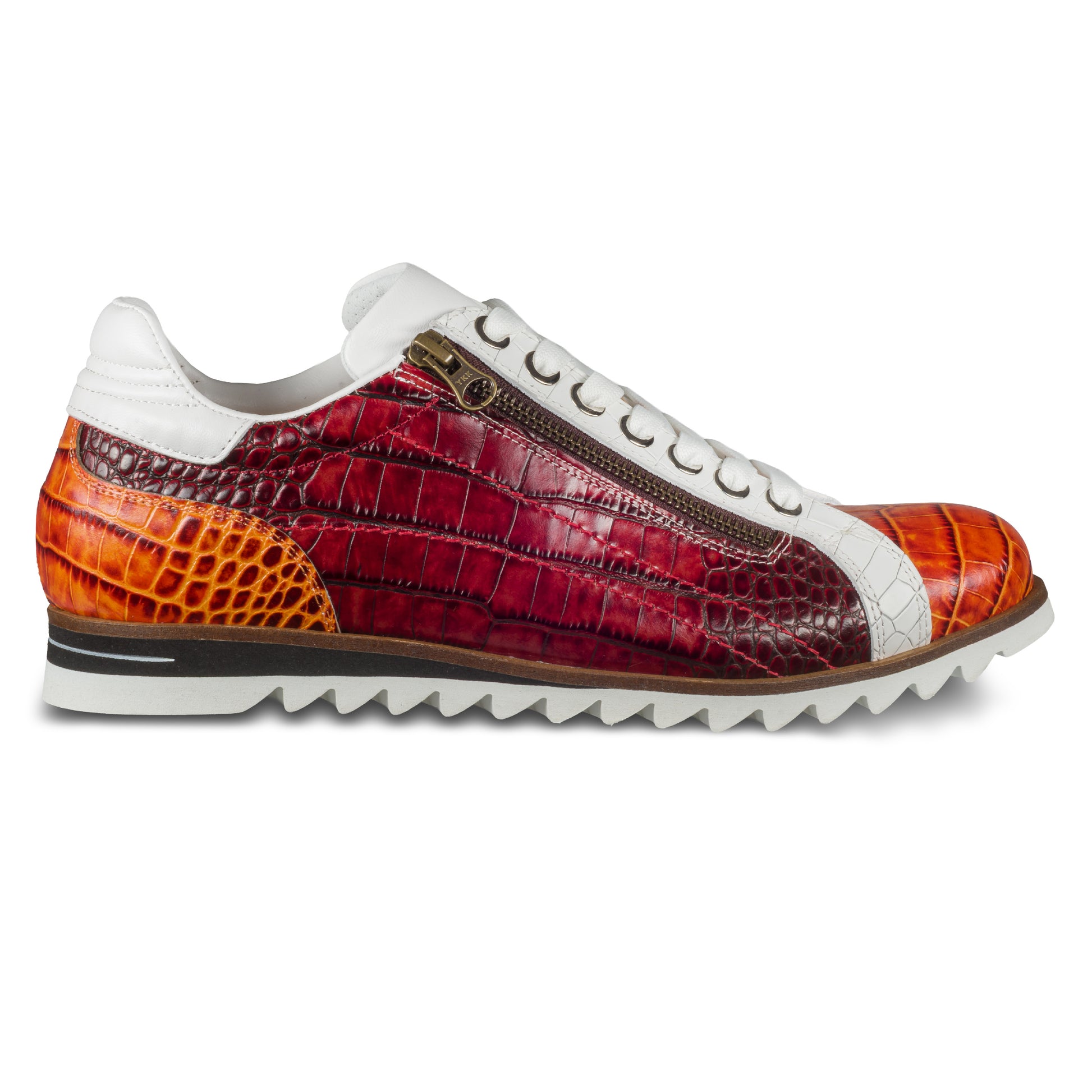 LORENZI Sneaker Herren rot/orange/weiß - Kalbsleder mit Reptilprägung, Reißverschluß. Ansicht Außenseite rechter Schuh mit weißen Schnürsenkeln