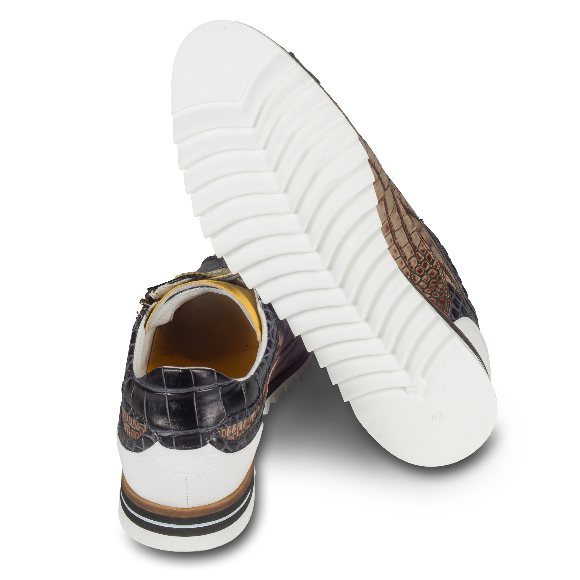 LORENZI Herren Sneaker in gelb/schwarz/braun aus Kalbsleder mit Reptilprägung und Reißverschluß. Handgefertigt in Italien. Ansicht Ferse und Sohle