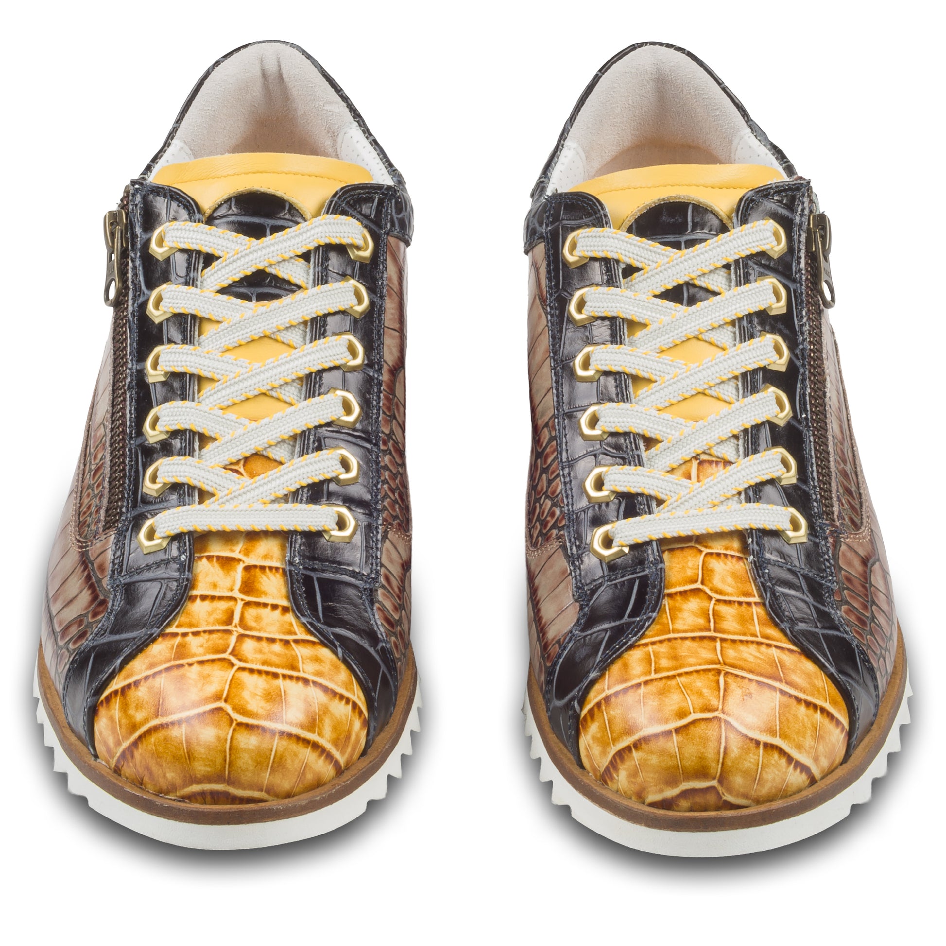 LORENZI Herren Sneaker in gelb/schwarz/braun aus Kalbsleder mit Reptilprägung und Reißverschluß. Handgefertigt in Italien. Paarweise Ansicht vorne