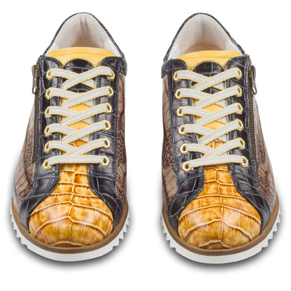 LORENZI Herren Sneaker in gelb/schwarz/braun aus Kalbsleder mit Reptilprägung und Reißverschluß. Handgefertigt in Italien. Paarweise Ansicht vorne