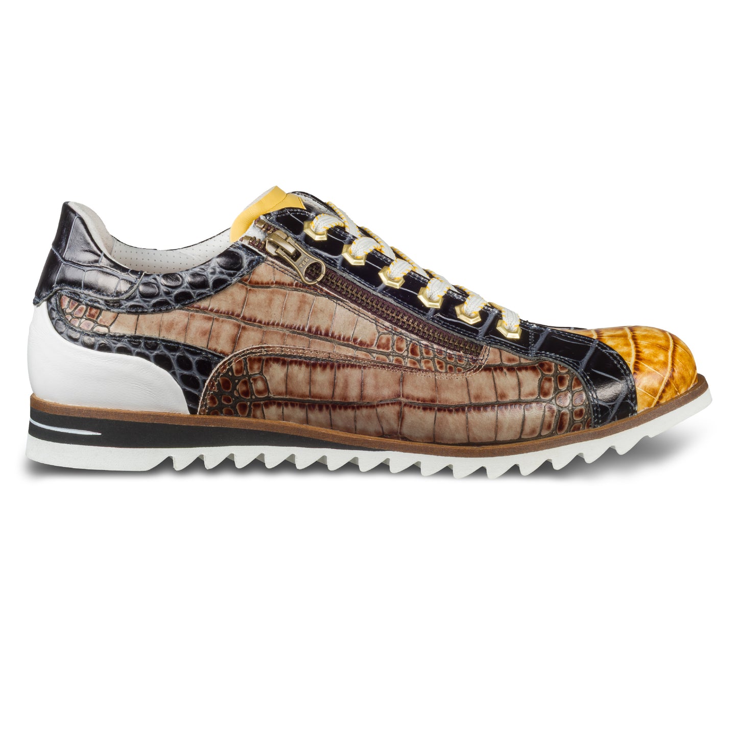 LORENZI Herren Sneaker in gelb/schwarz/braun aus Kalbsleder mit Reptilprägung und Reißverschluß. Handgefertigt in Italien. Ansicht Außenseite rechter Schuh