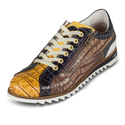 LORENZI Herren Sneaker in gelb/schwarz/braun aus Kalbsleder mit Reptilprägung und Reißverschluß. Handgefertigt in Italien. Schräge Ansicht linker Schuh