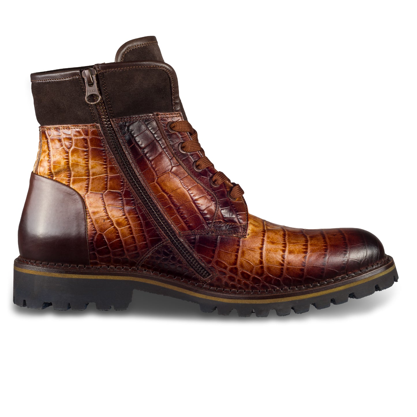 LORENZI Herren Stiefel mit Lammfell, Kalbsleder mit Kroko-Prägung und Reißverschluß. Wildleder am Schaft. Handgefertigt in Italien. Ansicht Innenseite linker Schuh. Braune Schnürsenkel.