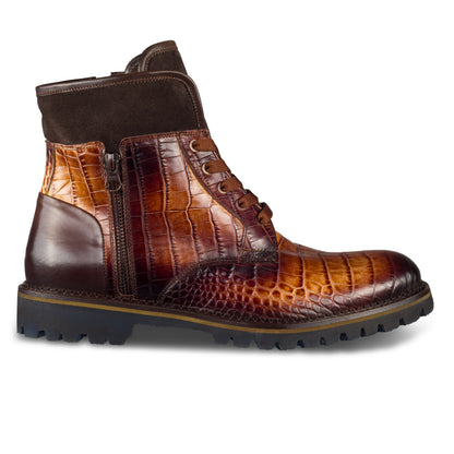 LORENZI Herren Stiefel mit Lammfell, Kalbsleder mit Kroko-Prägung und Reißverschluß. Wildleder am Schaft. Handgefertigt in Italien. Ansicht Außenseite rechter Schuh. Braune Schnürsenkel.