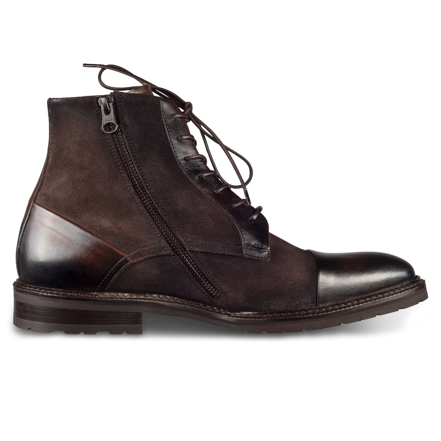 LORENZI Herren Schnür-Stiefelette in dunkelbraun mit Reißverschluß. Glattleder mit Wildleder kombiniert und elegante Captoe-Naht. Handgefertigt in Italien. Ansicht Innenseite linker Schuh