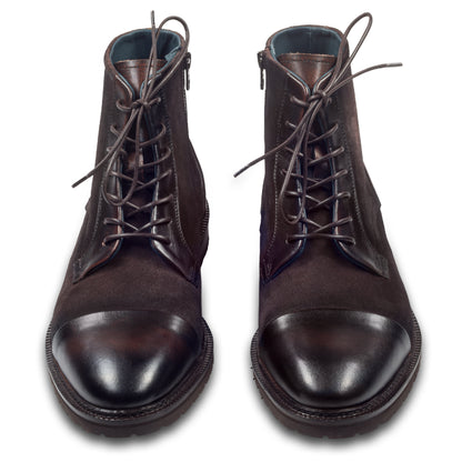 LORENZI Herren Schnür-Stiefelette in dunkelbraun mit Reißverschluß. Glattleder mit Wildleder kombiniert und elegante Captoe-Naht. Handgefertigt in Italien. Ansicht paarweise von vorne