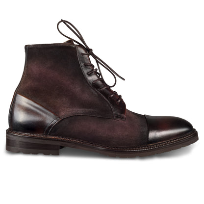 LORENZI Herren Schnür-Stiefelette in dunkelbraun mit Reißverschluß. Glattleder mit Wildleder kombiniert und elegante Captoe-Naht. Handgefertigt in Italien. Ansicht Außenseite rechter Schuh