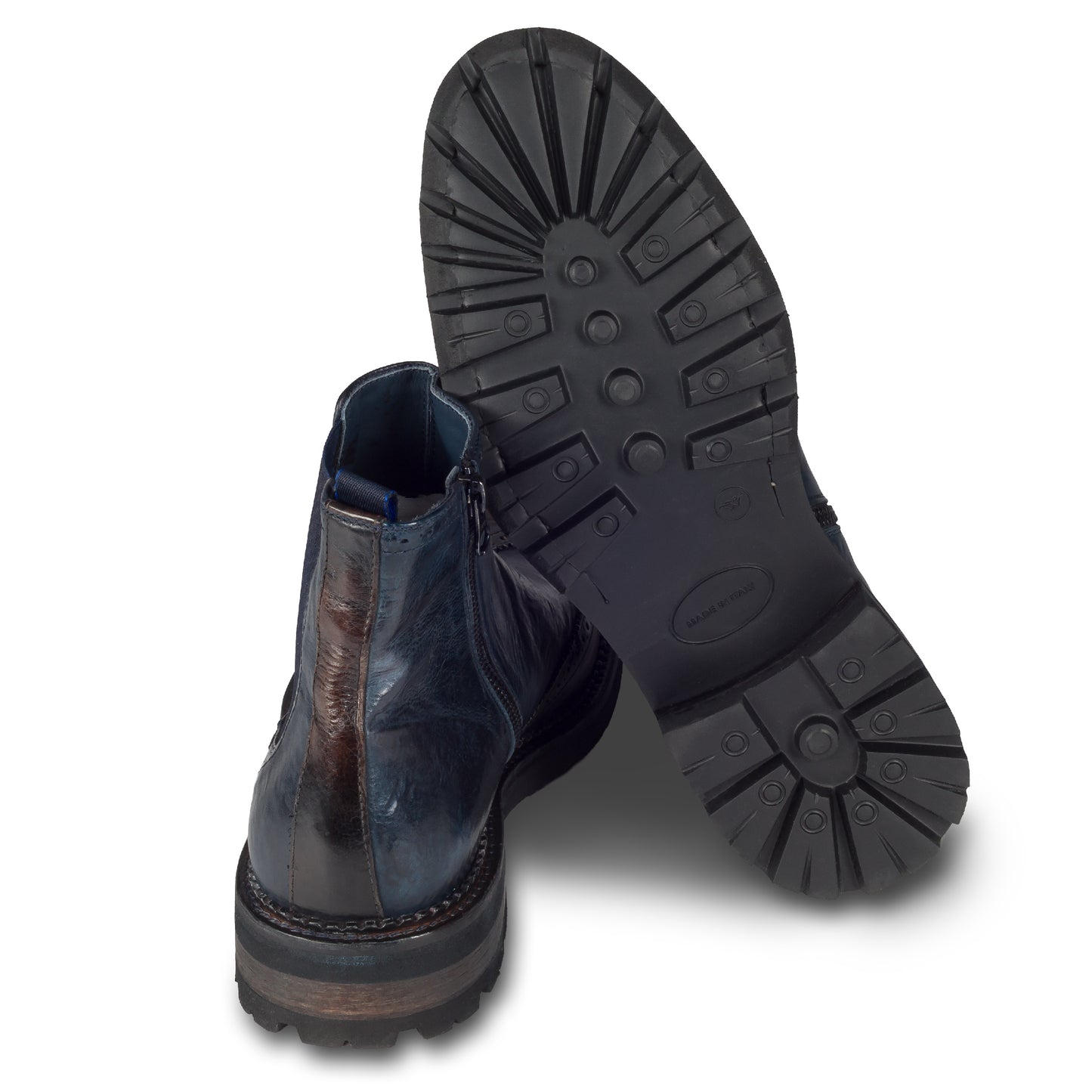 LORENZI Chelsea-Stiefelette Herren mit Reißverschluß, dunkelblau/dunkelbraun aus Kalbsleder im stonewashed-Verfahren bearbeitet. Ansicht Ferse und Sohle