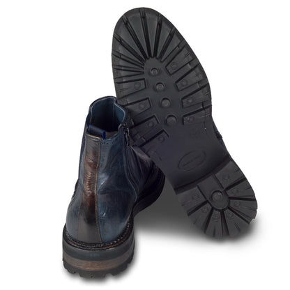 LORENZI Chelsea-Stiefelette Herren mit Reißverschluß, dunkelblau/dunkelbraun aus Kalbsleder im stonewashed-Verfahren bearbeitet. Ansicht Ferse und Sohle