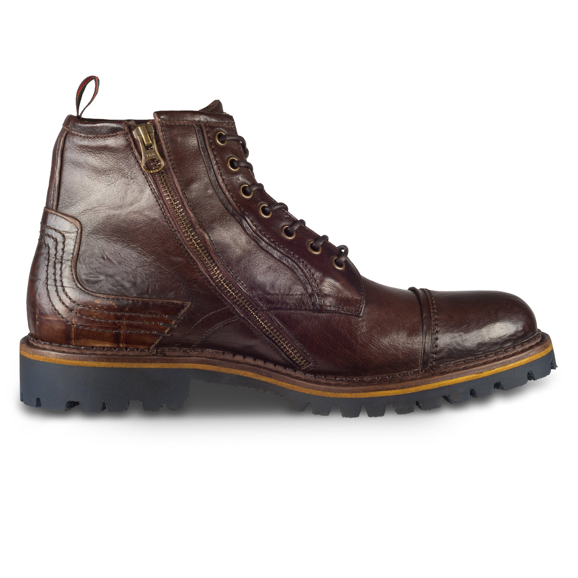 LORENZI Winterstiefelette Herren mit Lammfell & Reißverschluß, dunkelbraun, gewaschenes Kalbsleder. Handgefertigt / durchgenäht in Italien. Ansicht Innenseite linker Schuh