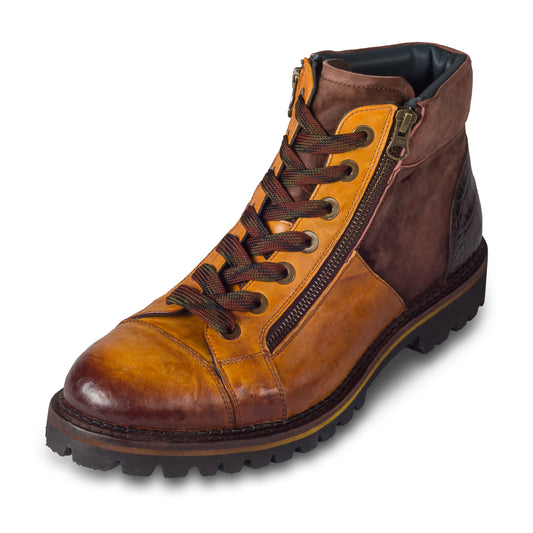 LORENZI Schnürstiefelette Herren mit Reißverschluß in mehreren Braun-Tönen. Kalbsleder stone-washed. Handgefertigt / durchgenäht in Italien. Schräge Ansicht linker Schuh