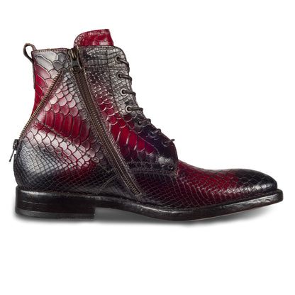 LORENZI Italienische Herren Leder-Schnürstiefel in rot/schwarz. Mit Krokoprägung und Reißverschluß, handgefertigt. Ansicht Innenseite linker Schuh
