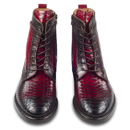 LORENZI Italienische Herren Leder-Schnürstiefel in rot/schwarz. Mit Krokoprägung und Reißverschluß, handgefertigt. Paarweise Ansicht von vorne