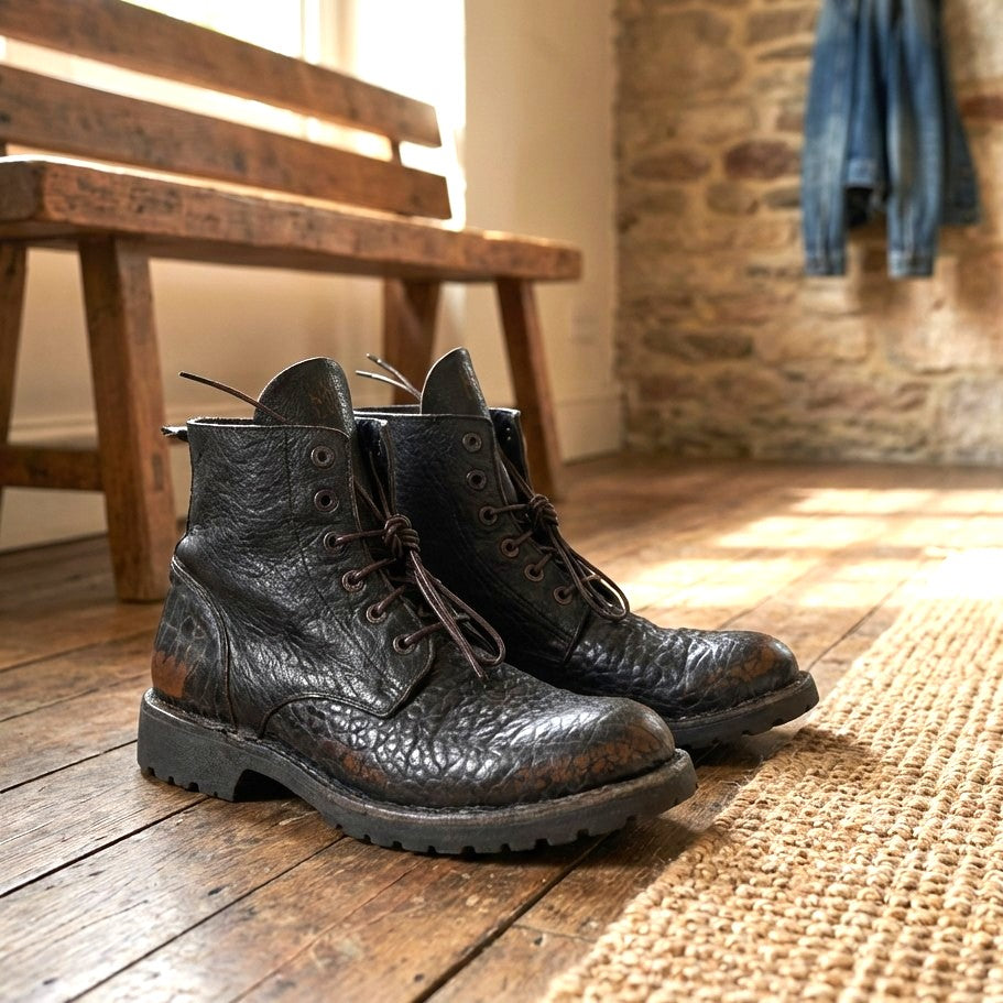 MOMA Schnürstiefelette Herren, braun/schwarz - Genarbtes Kalbsleder used-Look. handgefertigt / durchgenäht in Italien. Seitlich ganzes Paar