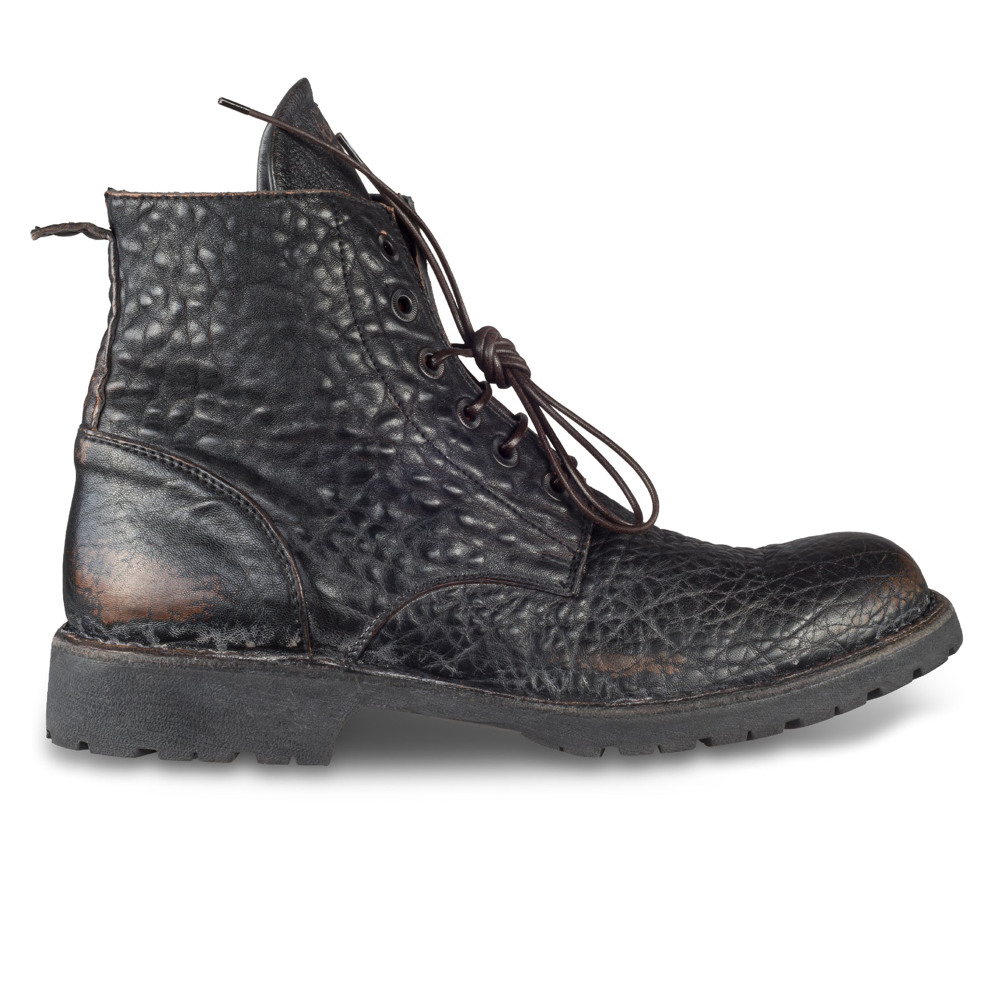 MOMA Schnürstiefelette Herren, braun/schwarz - Genarbtes Kalbsleder used-Look. handgefertigt / durchgenäht in Italien. Ansicht Außenseite rechter Schuh