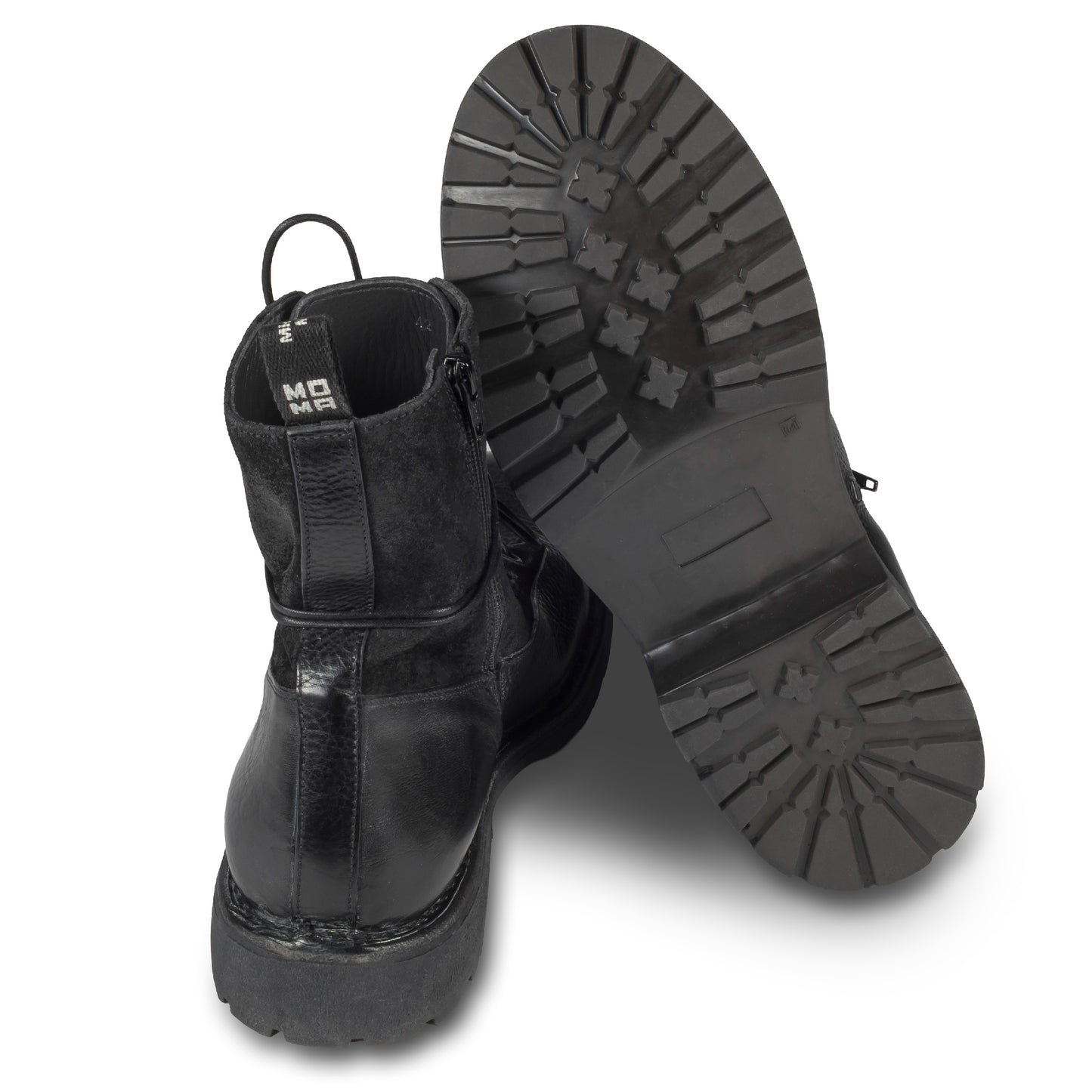 MOMA Schnürstiefelette Herren mit Reißverschluß, schwarzes Glattleder mit Wildleder. Handgefertigt / durchgenäht in Italien. Ansicht Ferse und Sohlenunterseite