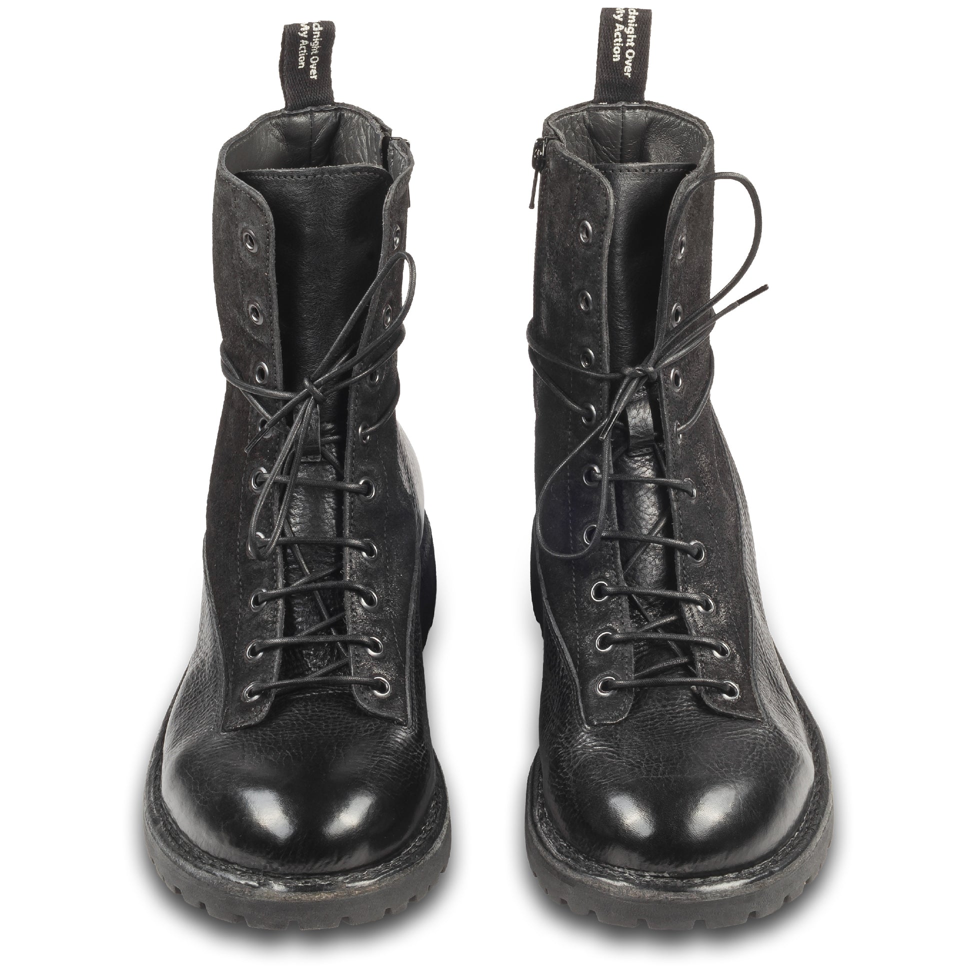 MOMA Schnürstiefelette Herren mit Reißverschluß, schwarzes Glattleder mit Wildleder. Handgefertigt / durchgenäht in Italien. Paarweise Ansicht von vorne.
