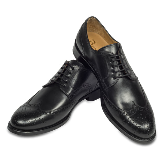 BRECOS Anzugschuhe | Full-Brogue Derby Budapester-Stil schwarz, Kalbsleder Schnürer, durchgenäht