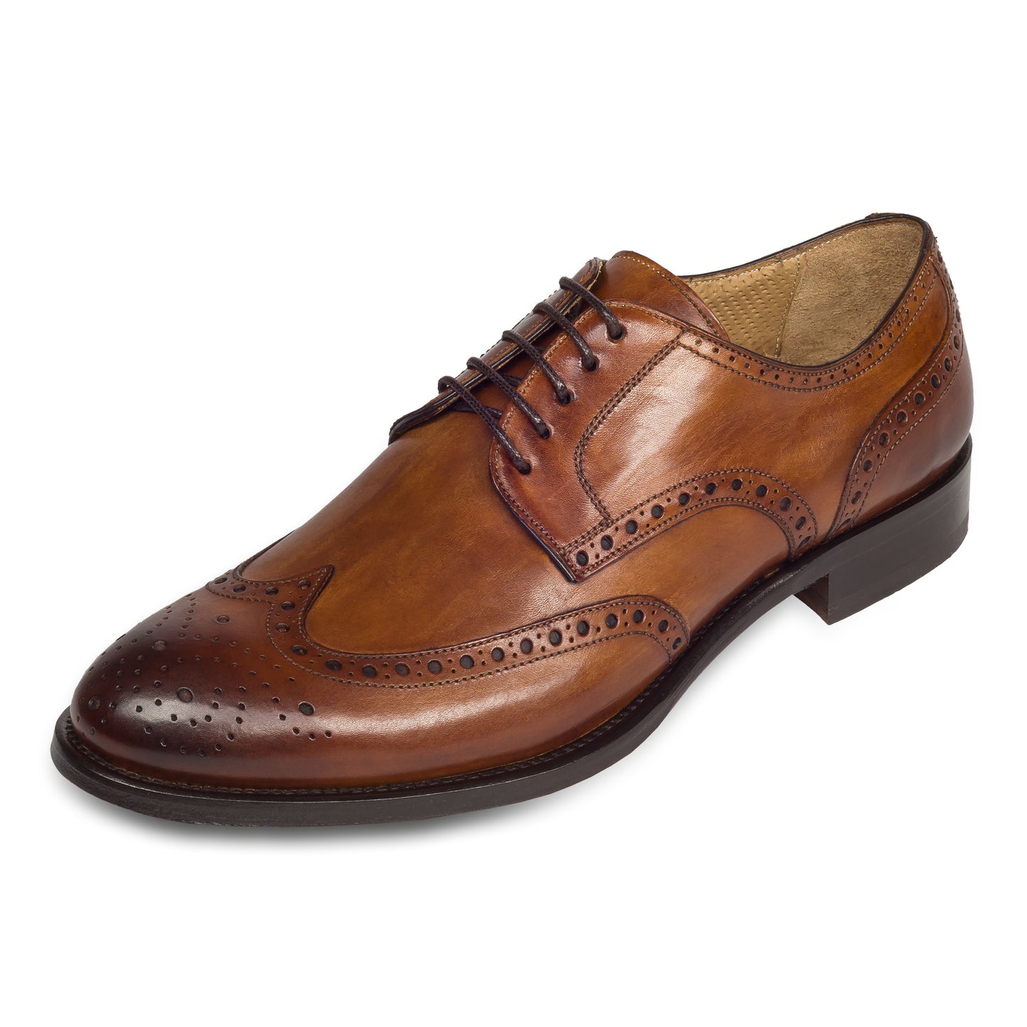 BRECOS Anzugschuhe | Full-Brogue Derby im Budapester-Stil cognac braun, Durchgenäht