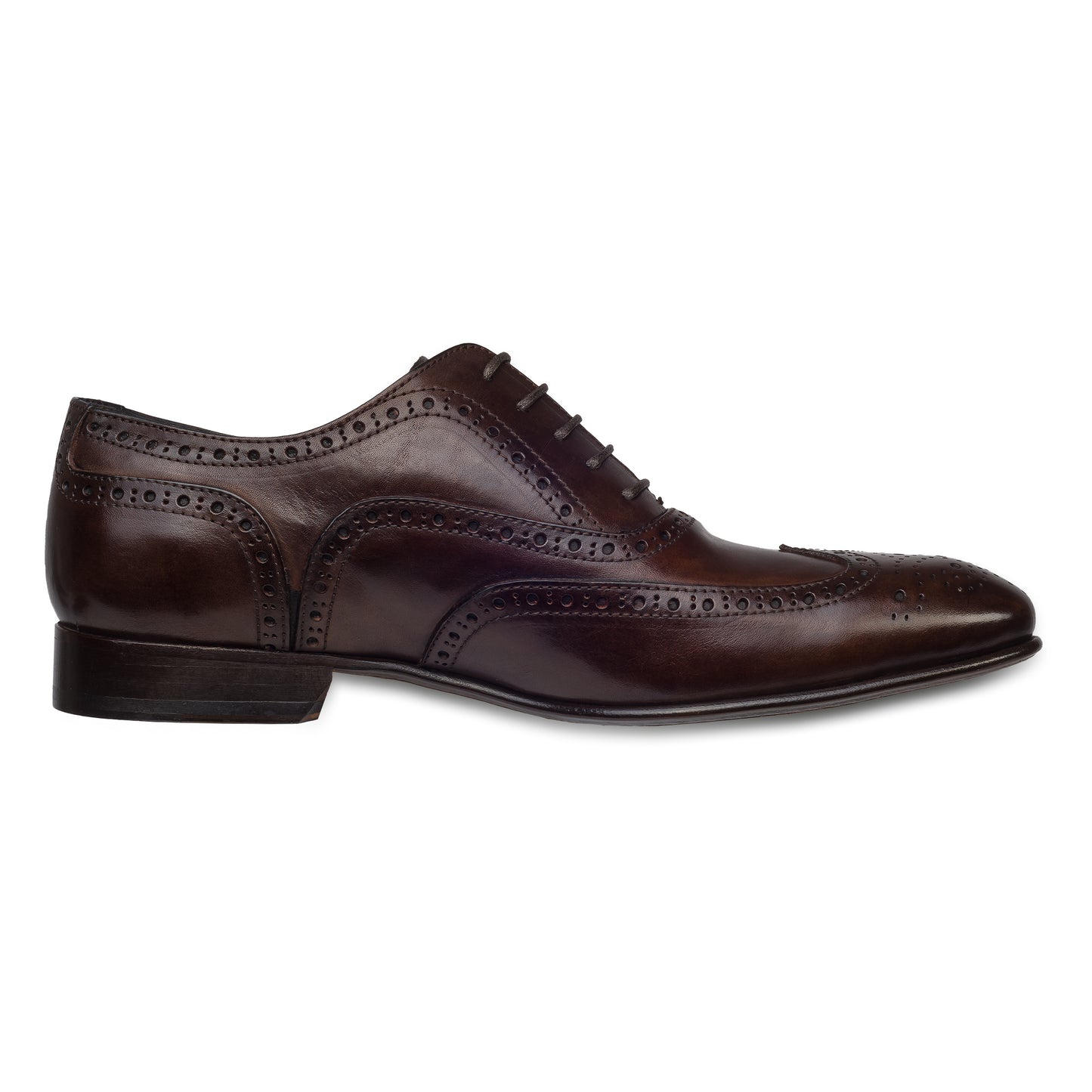 Branchini - Italienische Herren Anzugschuhe Full-Brogue Derby im Budapester-Stil, braun. Aus Kalbsleder handgefertigt und durchgenäht. Seitliche Ansicht der Innenseite linker Schuh.