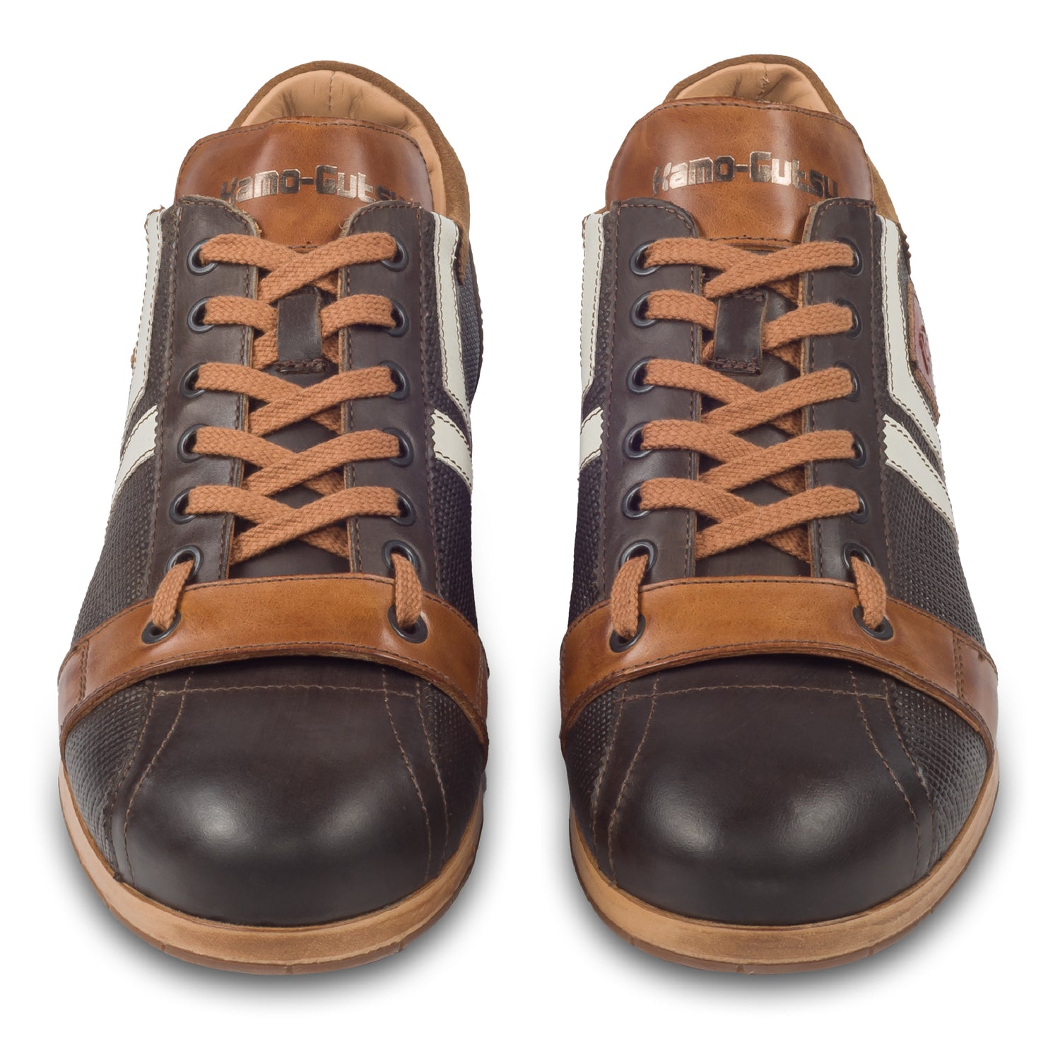 Kamo Gutsu Herren Leder Sneaker in braun/weiß, handgefertigt in Italien - paarweise Ansicht von vorne. Bei SISENTO