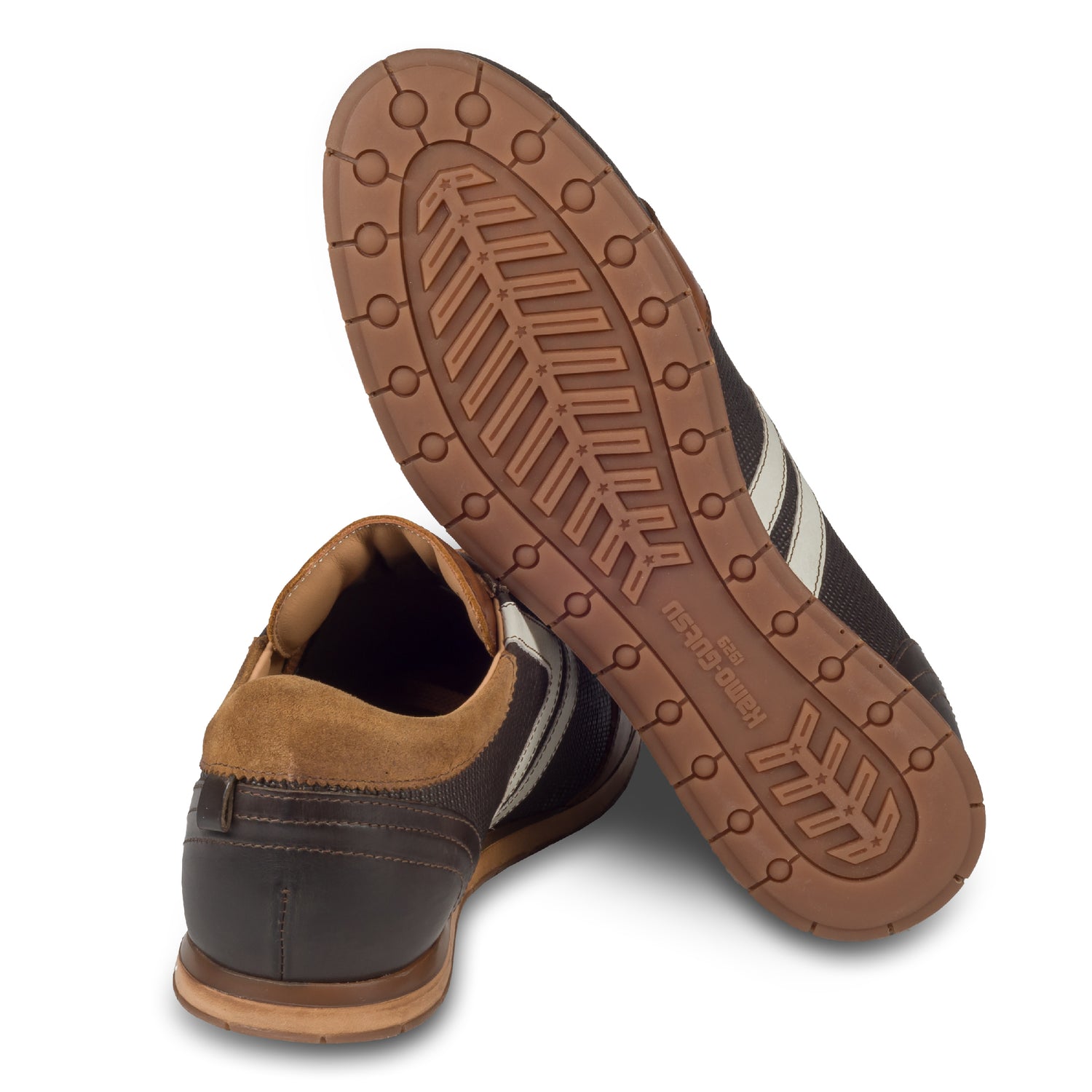 Kamo Gutsu Herren Leder Sneaker in braun/weiß, handgefertigt in Italien - Sohle und Fersenansicht. Bei SISENTO