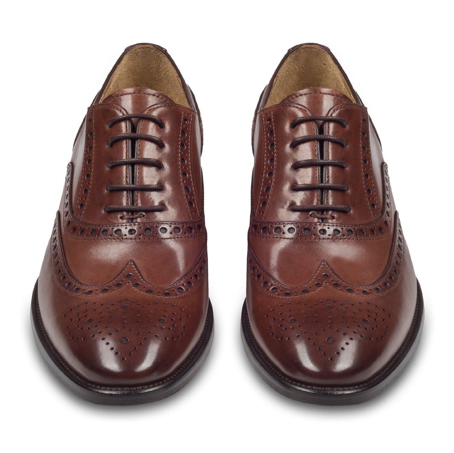 BRECOS Anzugschuhe, Brogue Oxford im Budapester-Stil in mittelbraun, Durchgenäht. Paarweise Ansicht von vorne. Bei Sisento.