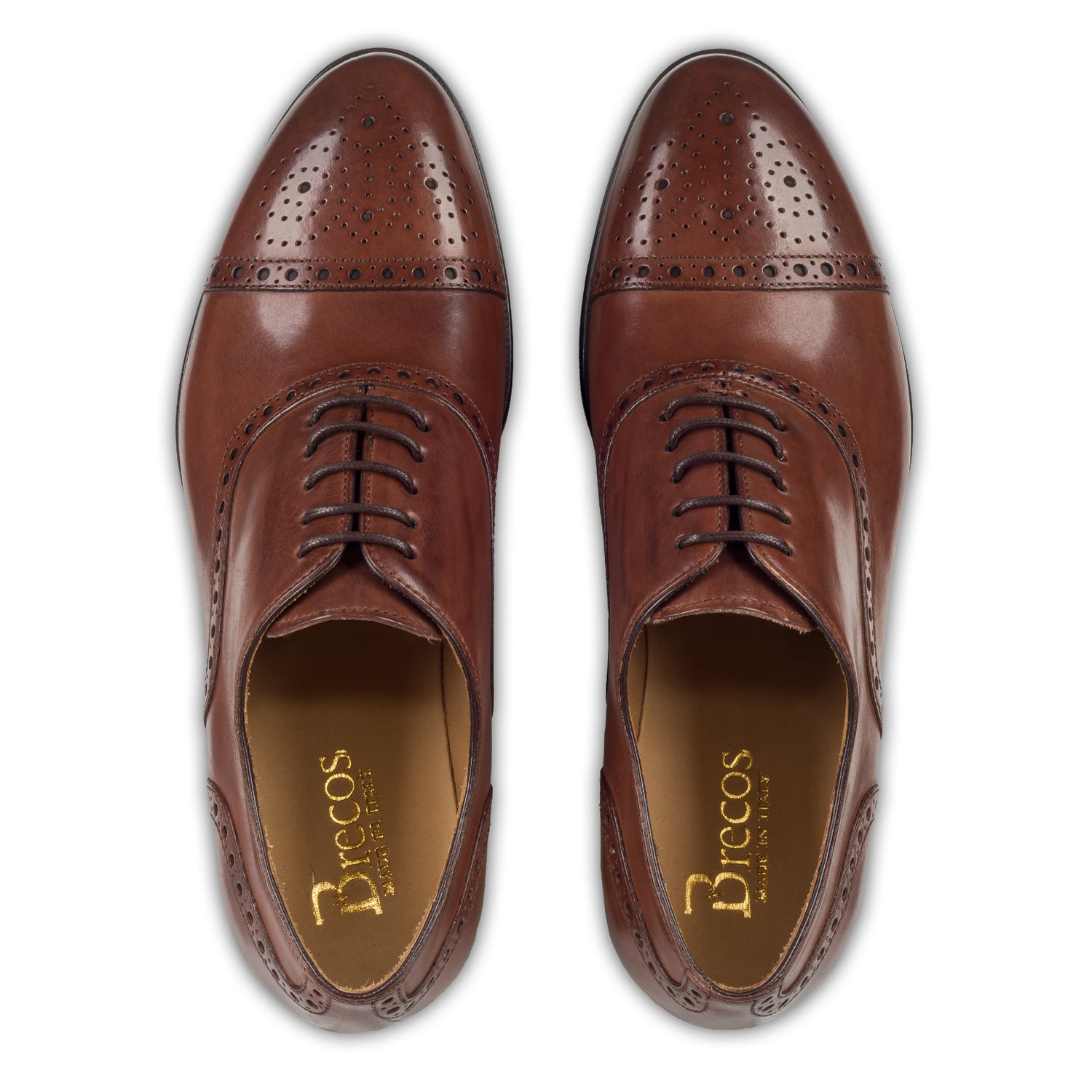 BRECOS Anzugschuhe Half-Brogue Oxford in mittelbraun / dunkelbraun, Durchgenäht. Ansicht der Ferse und Sohlenunterseite. Bei Sisento.
