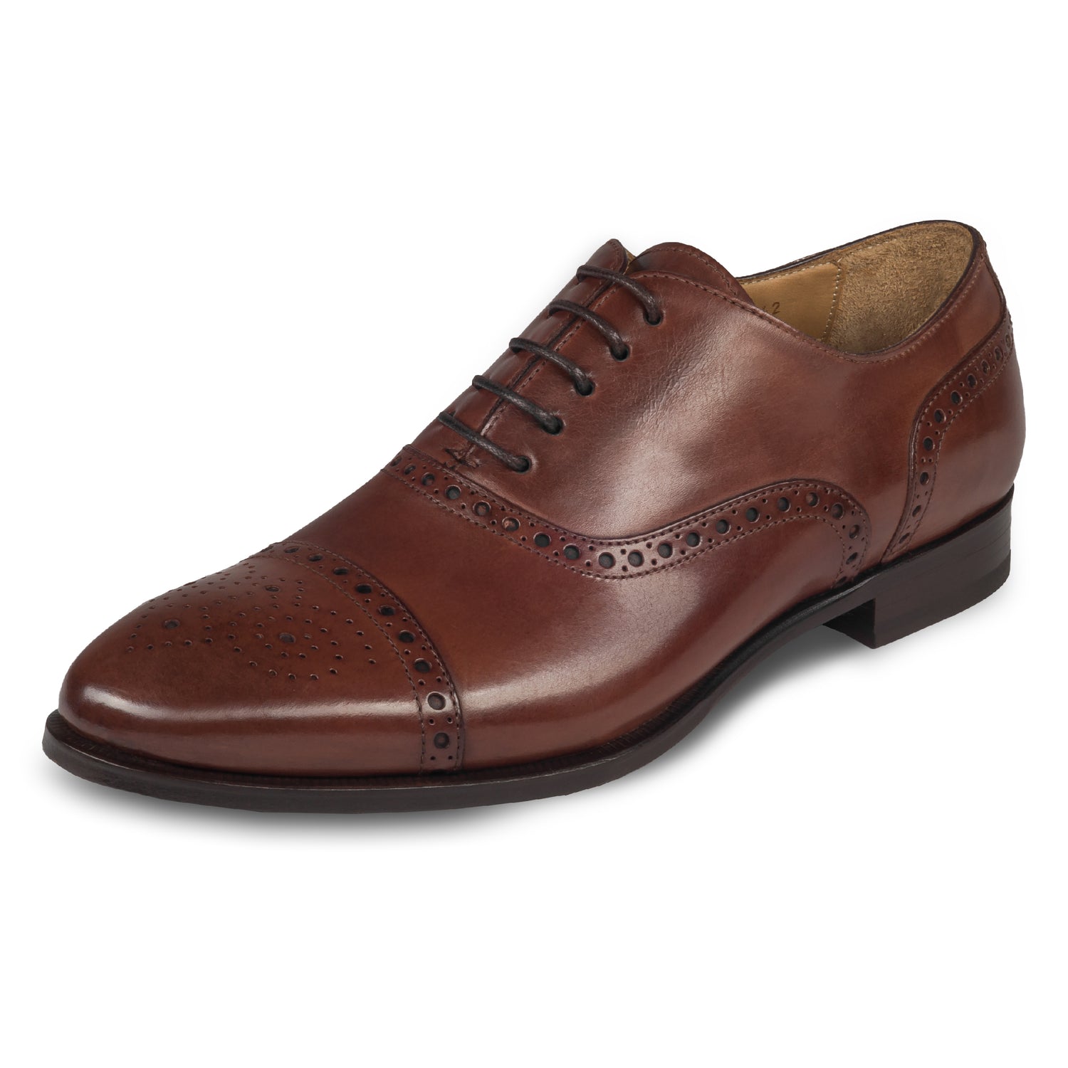 BRECOS Anzugschuhe Half-Brogue Oxford in mittelbraun / dunkelbraun, Durchgenäht. Schräge Ansicht linker Schuh. Bei Sisento.