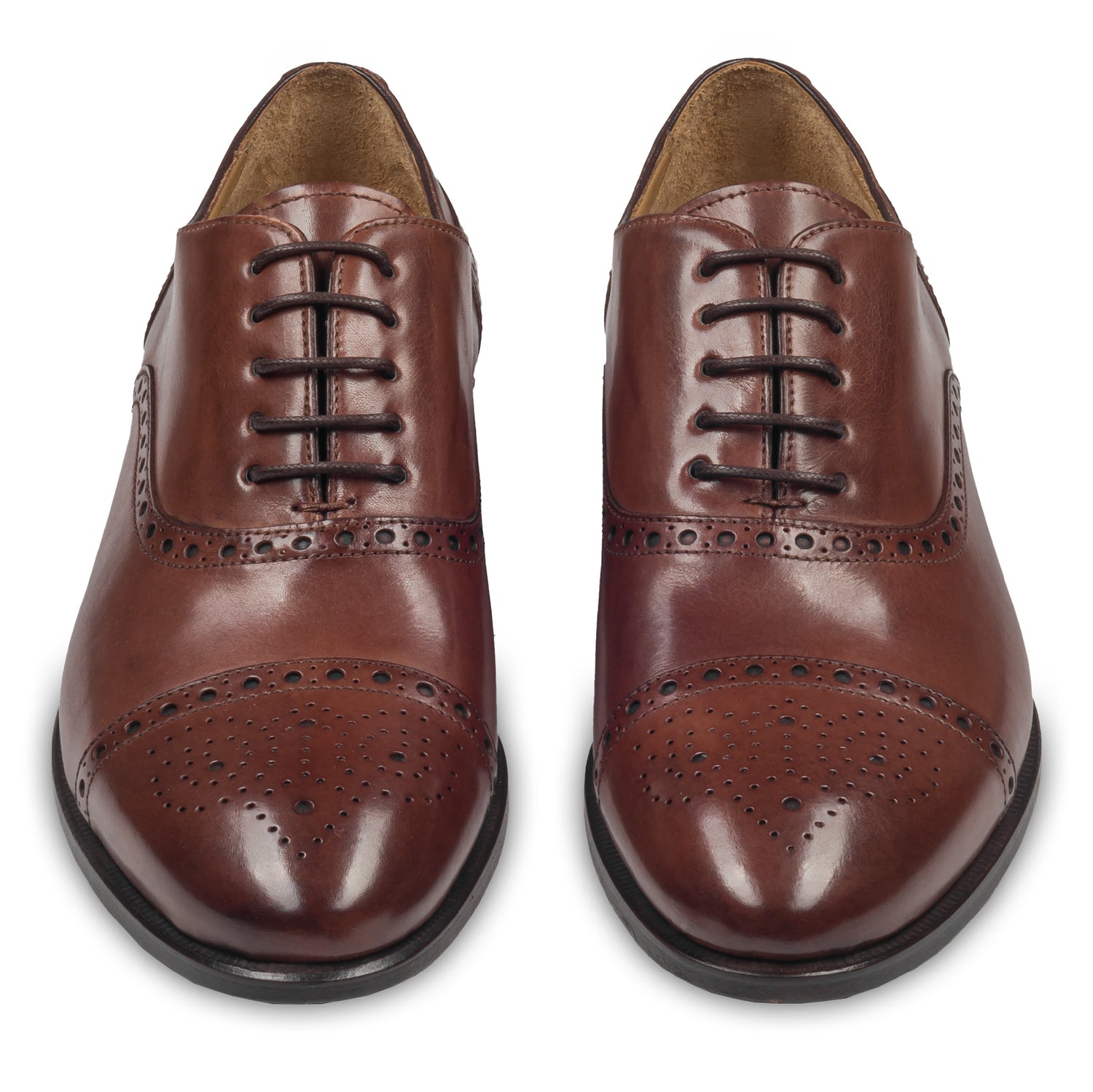 BRECOS Anzugschuhe Half-Brogue Oxford in mittelbraun / dunkelbraun, Durchgenäht. Paarweise Ansicht von vorne. Bei Sisento.