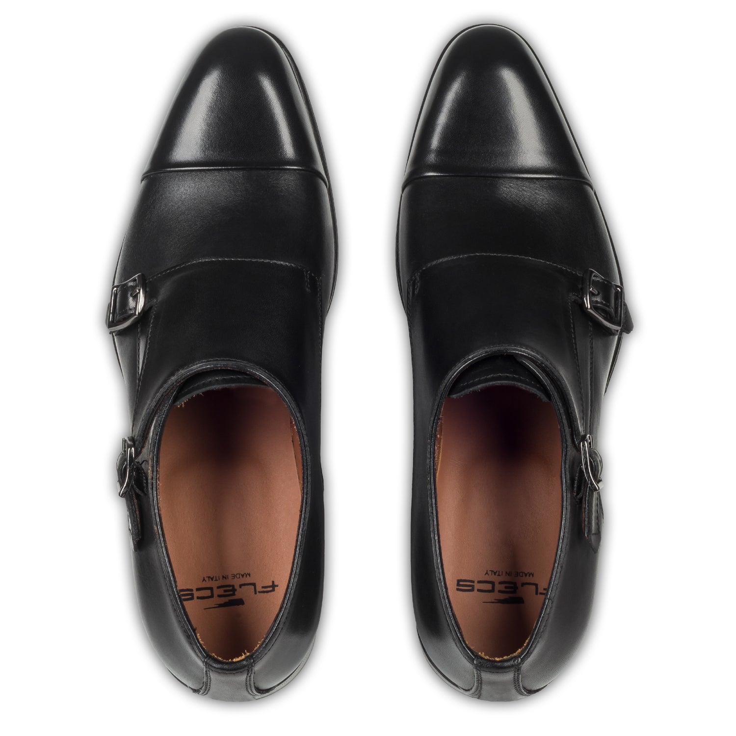Double Monk Anzugschuh von Flecs, in schwarz, durchgenäht. Paarweise eigene Draufsicht aus angezogener Perspektive. Bei Sisento.