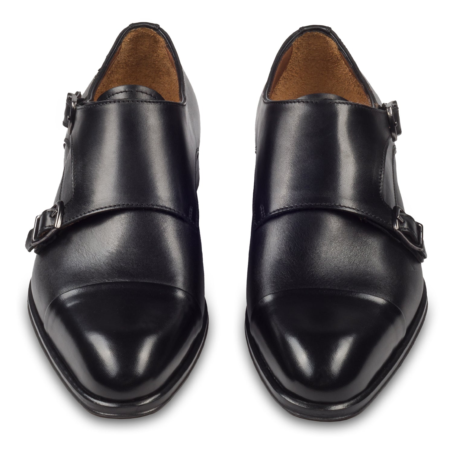 Double Monk Anzugschuh von Flecs, in schwarz, durchgenäht. Paarweise Ansicht von vorne. Bei Sisento.