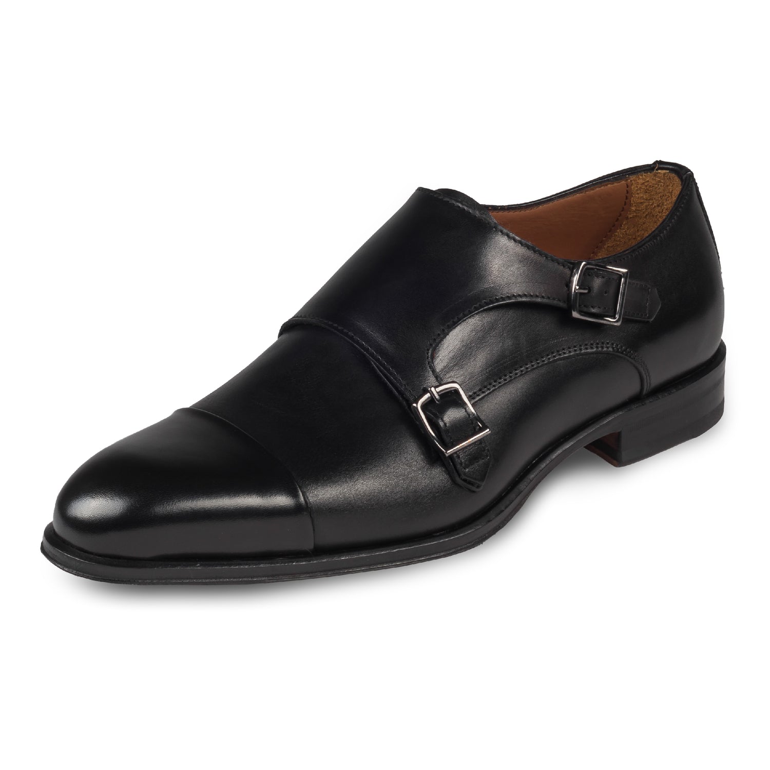 Double Monk Anzugschuh von Flecs, in schwarz, durchgenäht. Schräge Ansicht linker Schuh. Bei Sisento.