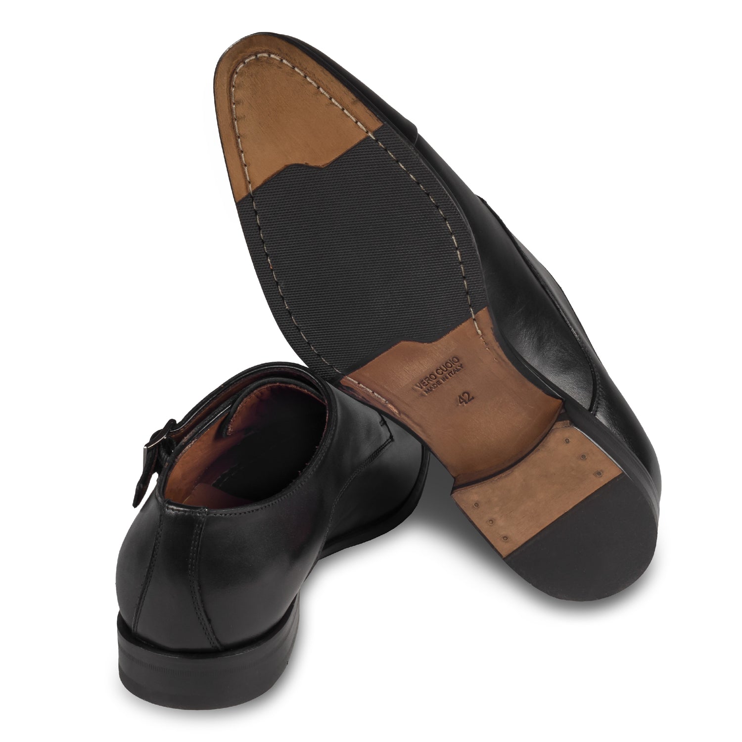 Double Monk Anzugschuh von Flecs, in schwarz, durchgenäht. Ansicht der Ferse und Sohlenunterseite. Bei Sisento.