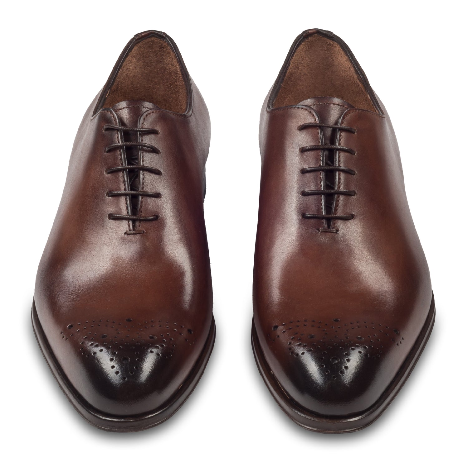 Anzugschuhe von FLECS, Onecut / Wholecut Brogue Schnürer in rotbraun/nußbraun, Durchgenäht. Paarweise Ansicht von vorne. Bei Sisento.