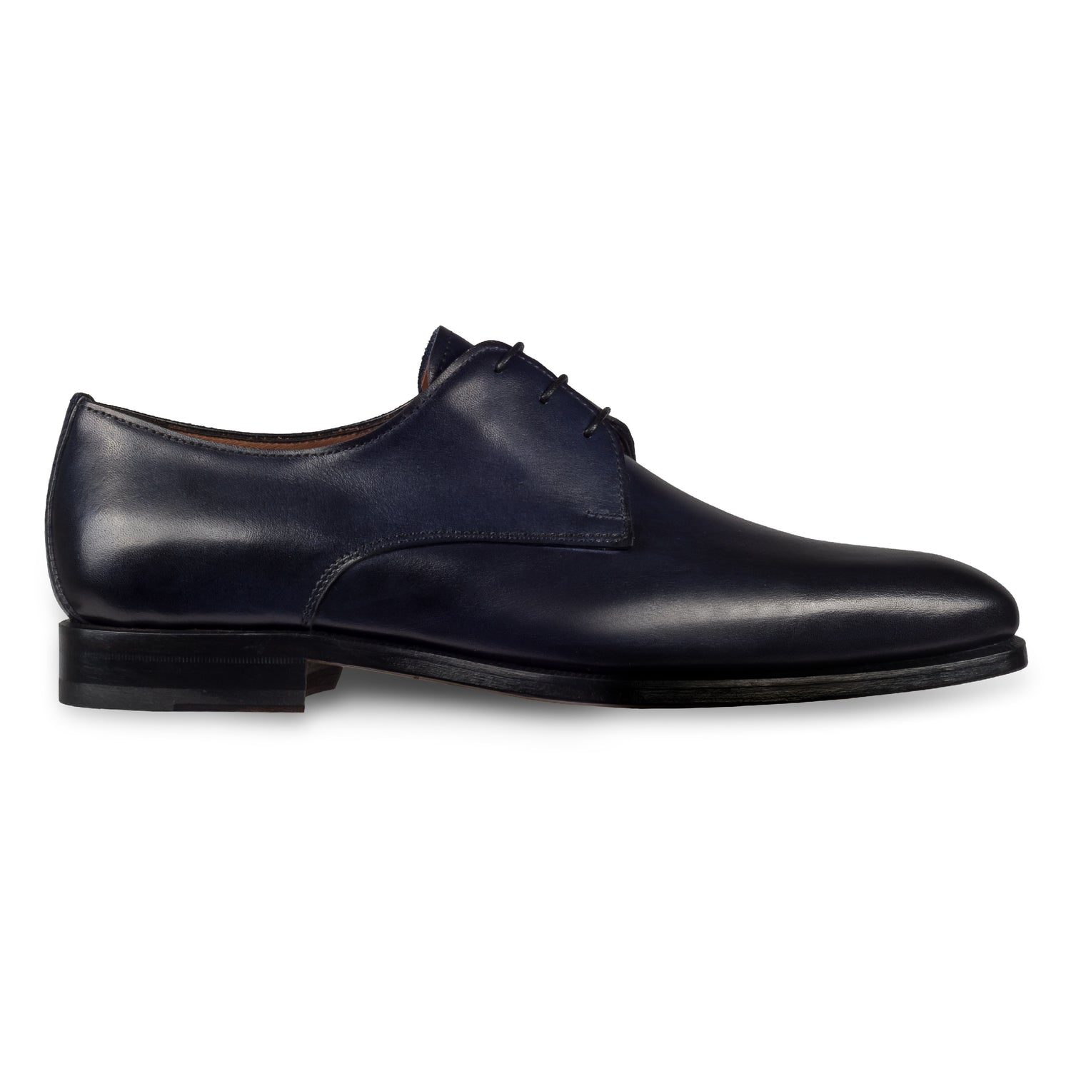 Anzugschuhe von Flecs, Plain Derby Schnürer in dunkelblau, durchgenäht. Seitliche Ansicht der Außenseite rechter Schuh. Bei Sisento.