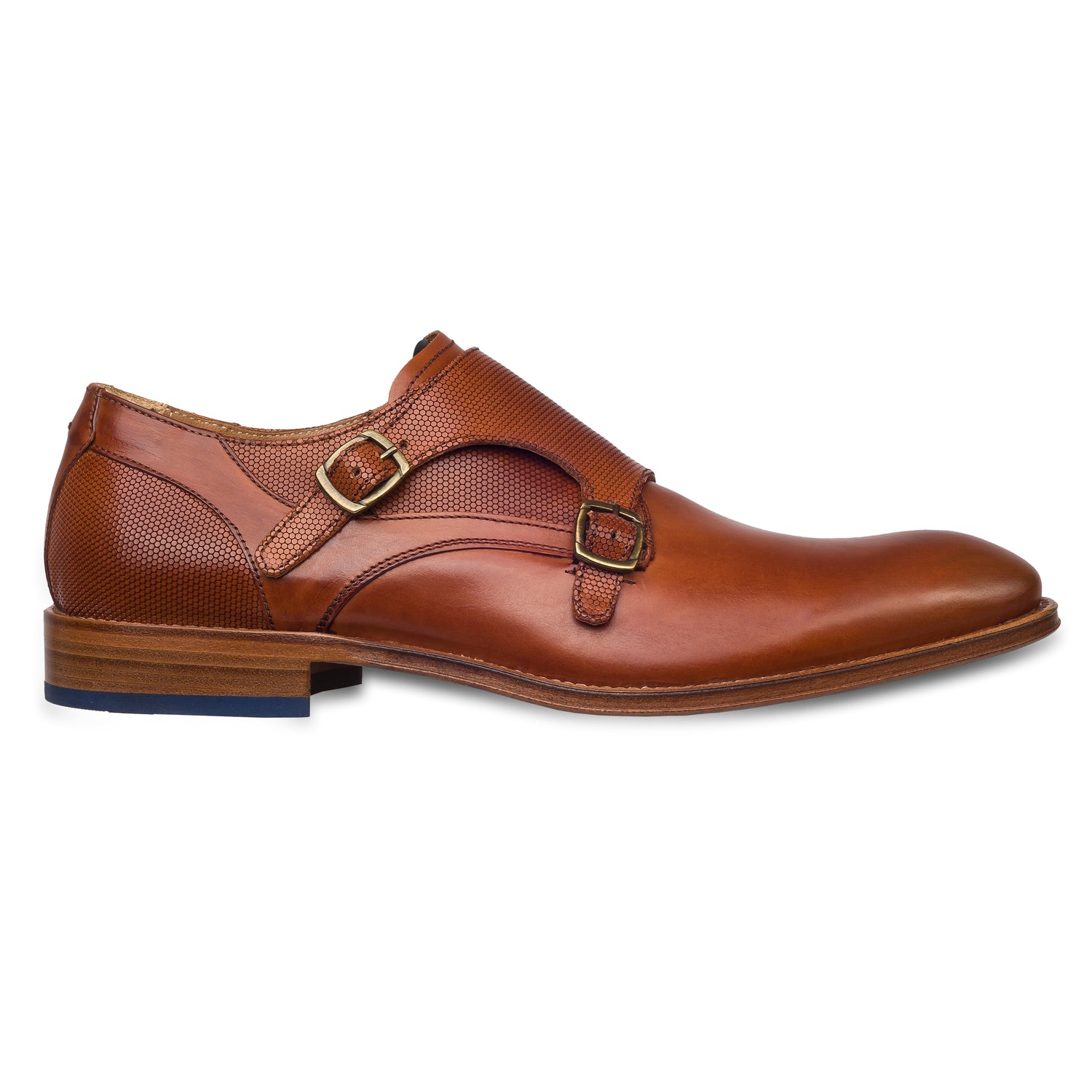 Lorenzi - Double Monk in cognac braun, Durchgenäht, seitliche Ansicht der Außenseite rechter Schuh