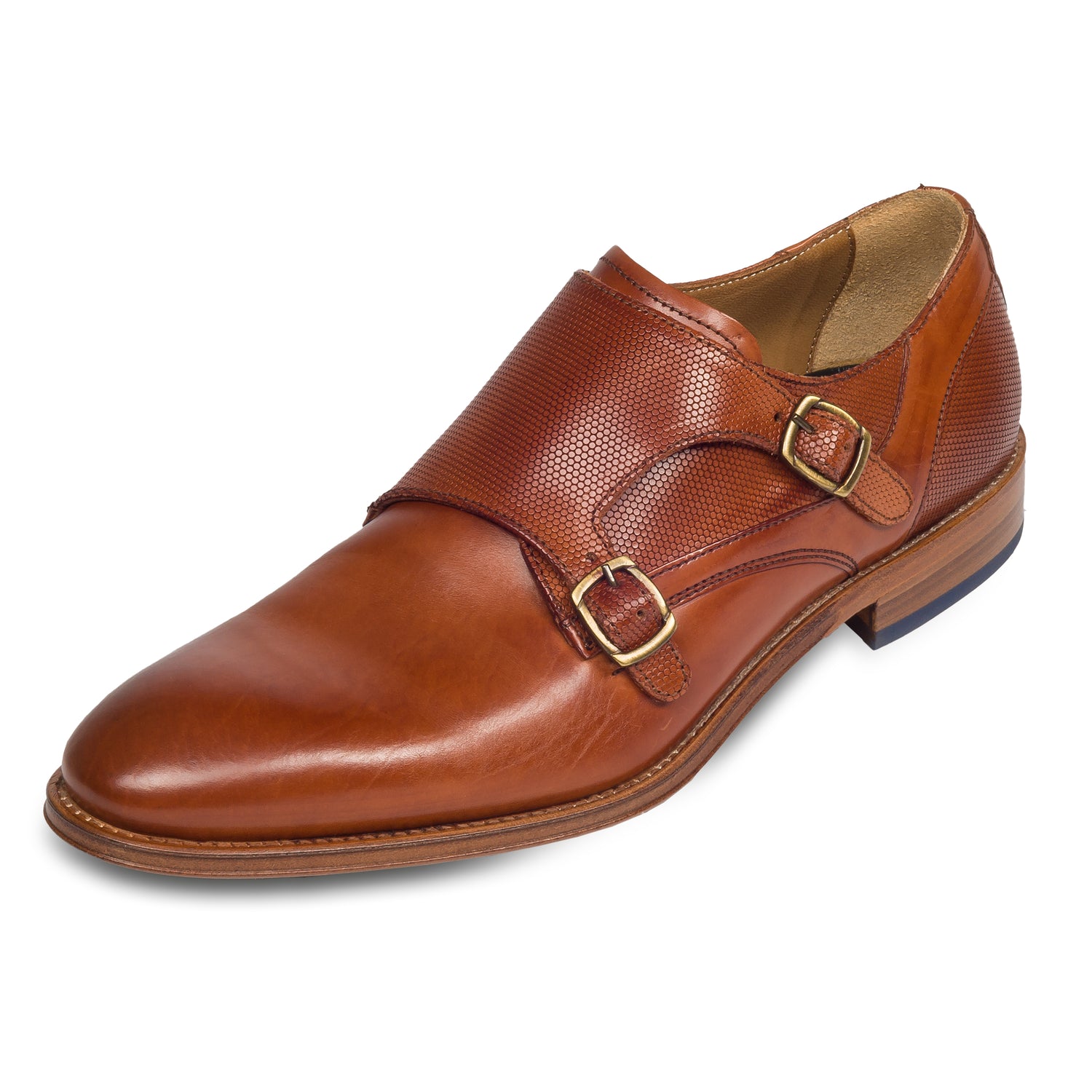 Lorenzi - Double Monk in cognac braun, Durchgenäht, schräge Ansicht linker Schuh