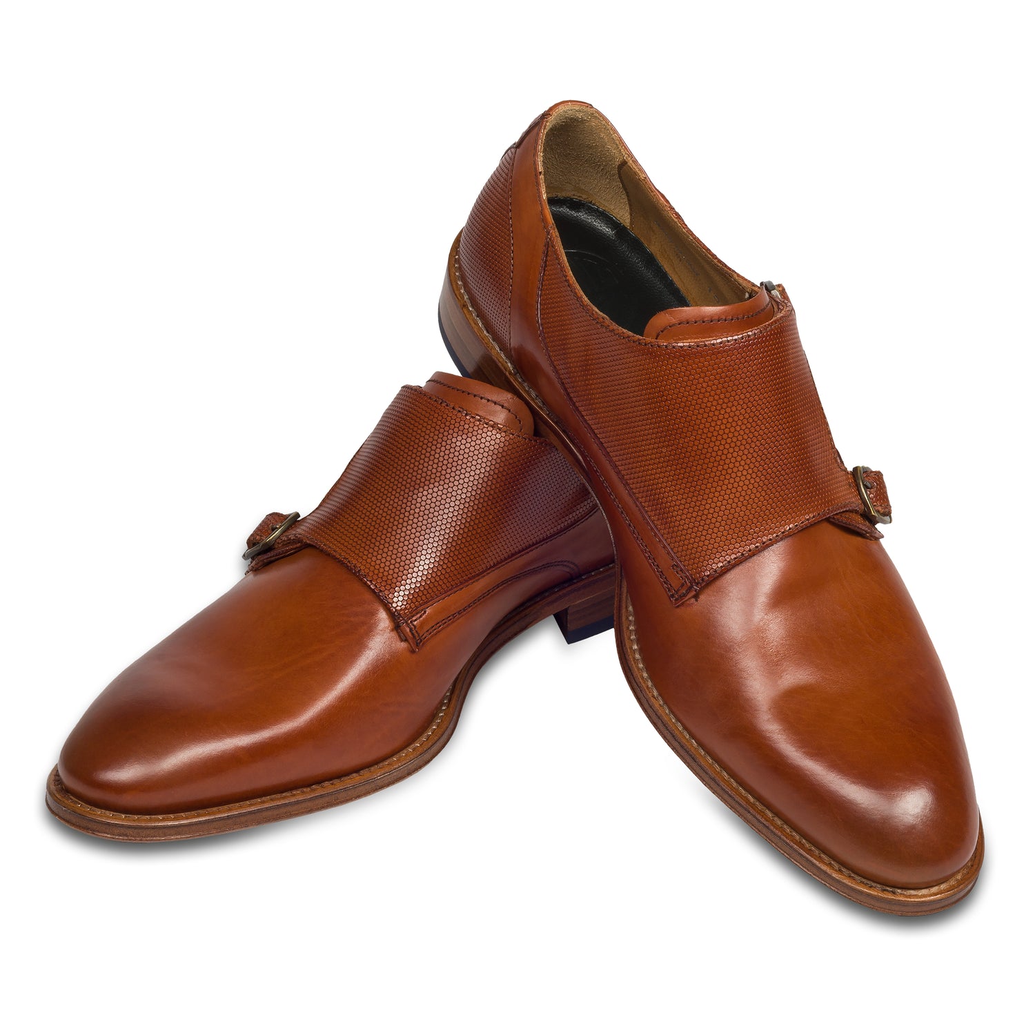 Lorenzi - Double Monk in cognac braun, Durchgenäht, paarweise Ansicht Schuhe überkreuzt aufgestellt